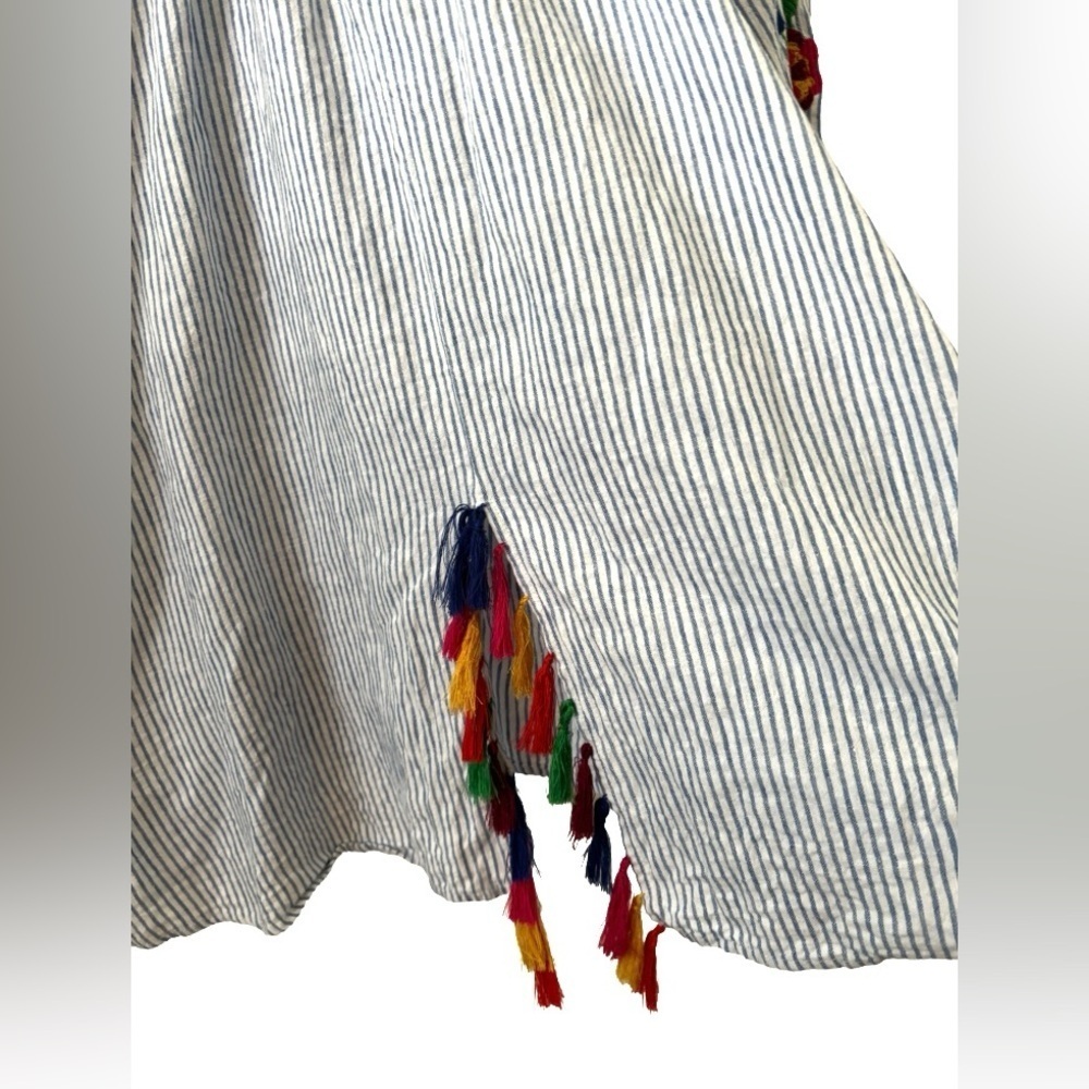 Chelsea & Theodore blu strp w embr & tassel linen/cotton blnd qtop SZ 3X peasant - Picture 6 of 7